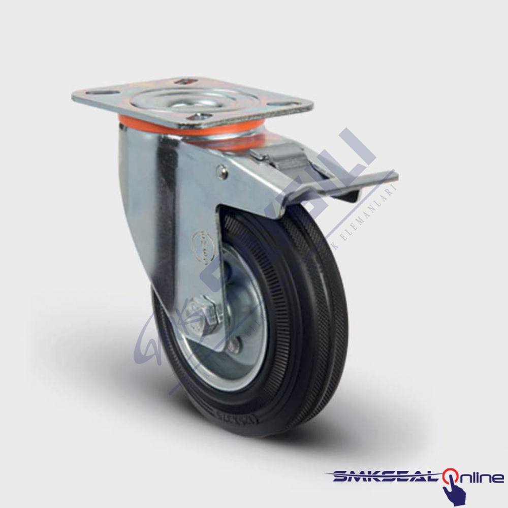 EM 01 SPR 200X50 F Döner Tablalı Frenli Burçlu Kauçuk Teker